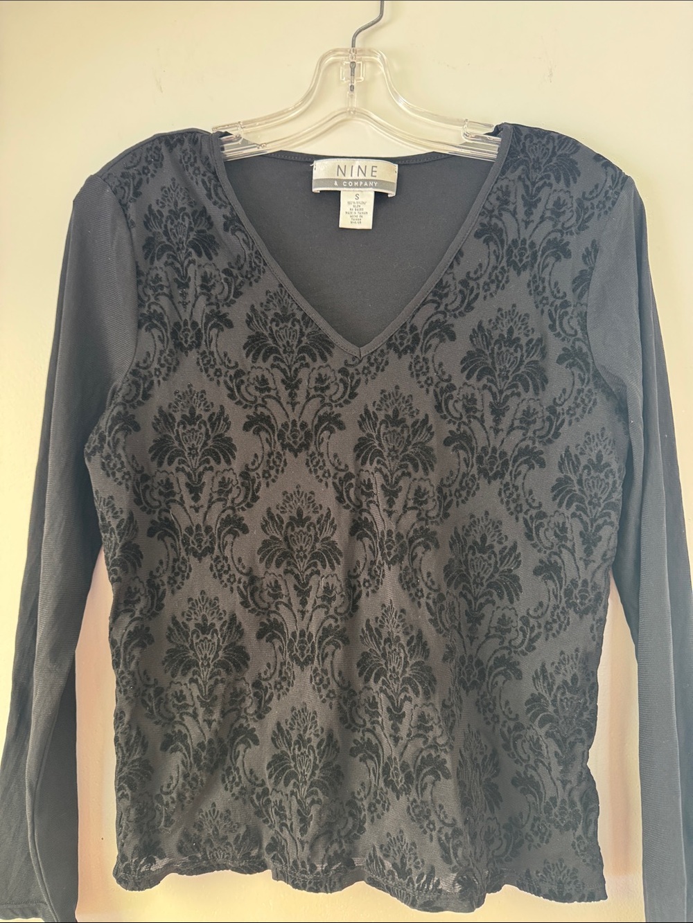 Nine & Co. Edgy Black Velvet Damask V-Neck Top Mesh Sleeves and Solid Back